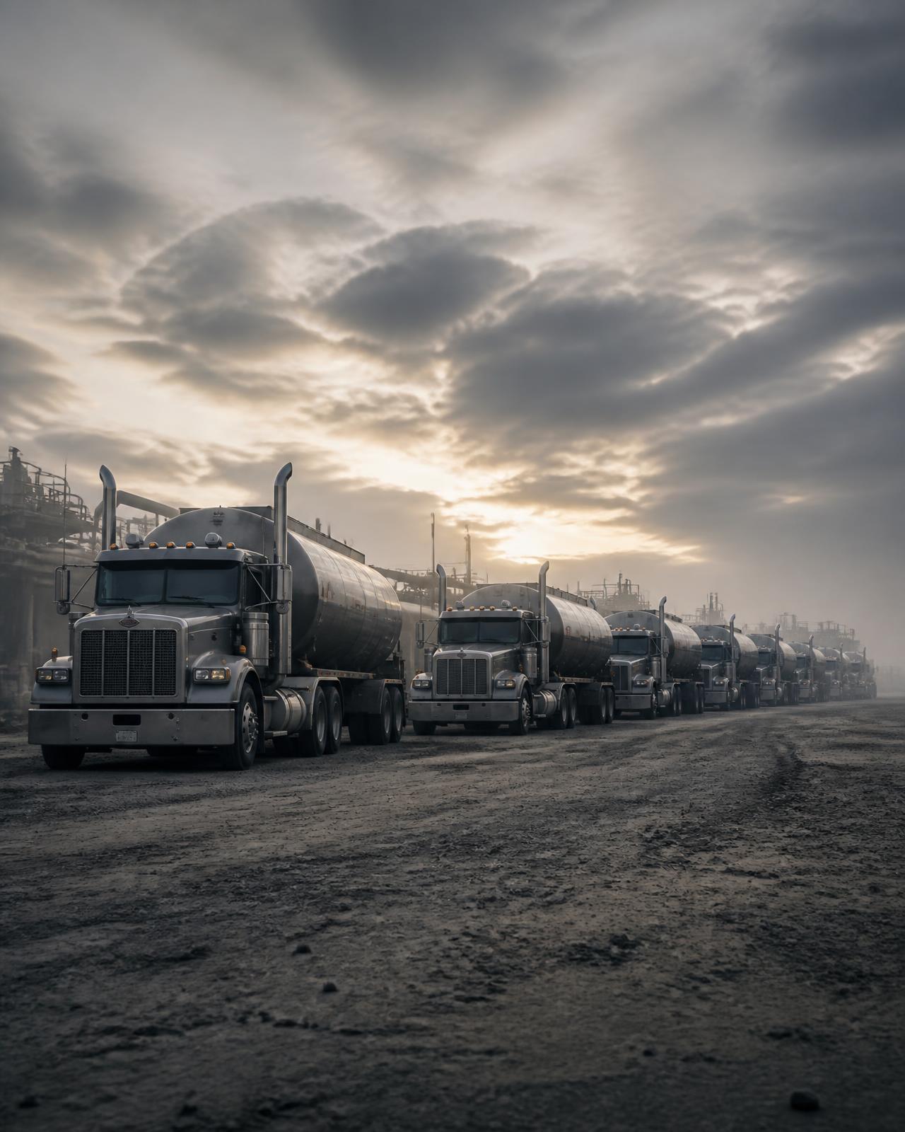 Fleet of heavy-duty tanker trucks lined up at an industrial yard